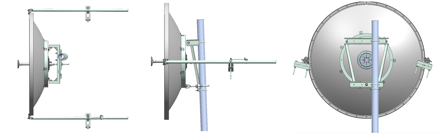 5.8G頻段1.8米直徑高增益雙計劃拋物面天線俯視圖、側視圖、后視圖